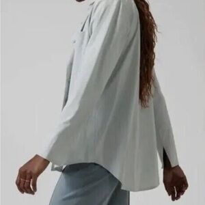 ATHLETA Gray Stripe Button Down Shirt Blouse